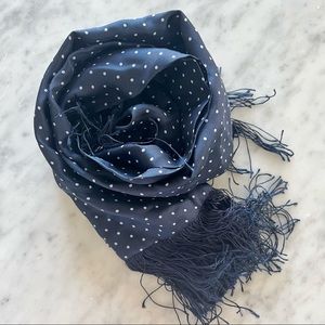 JCrew silk blue and white polka dot scarf with fringe